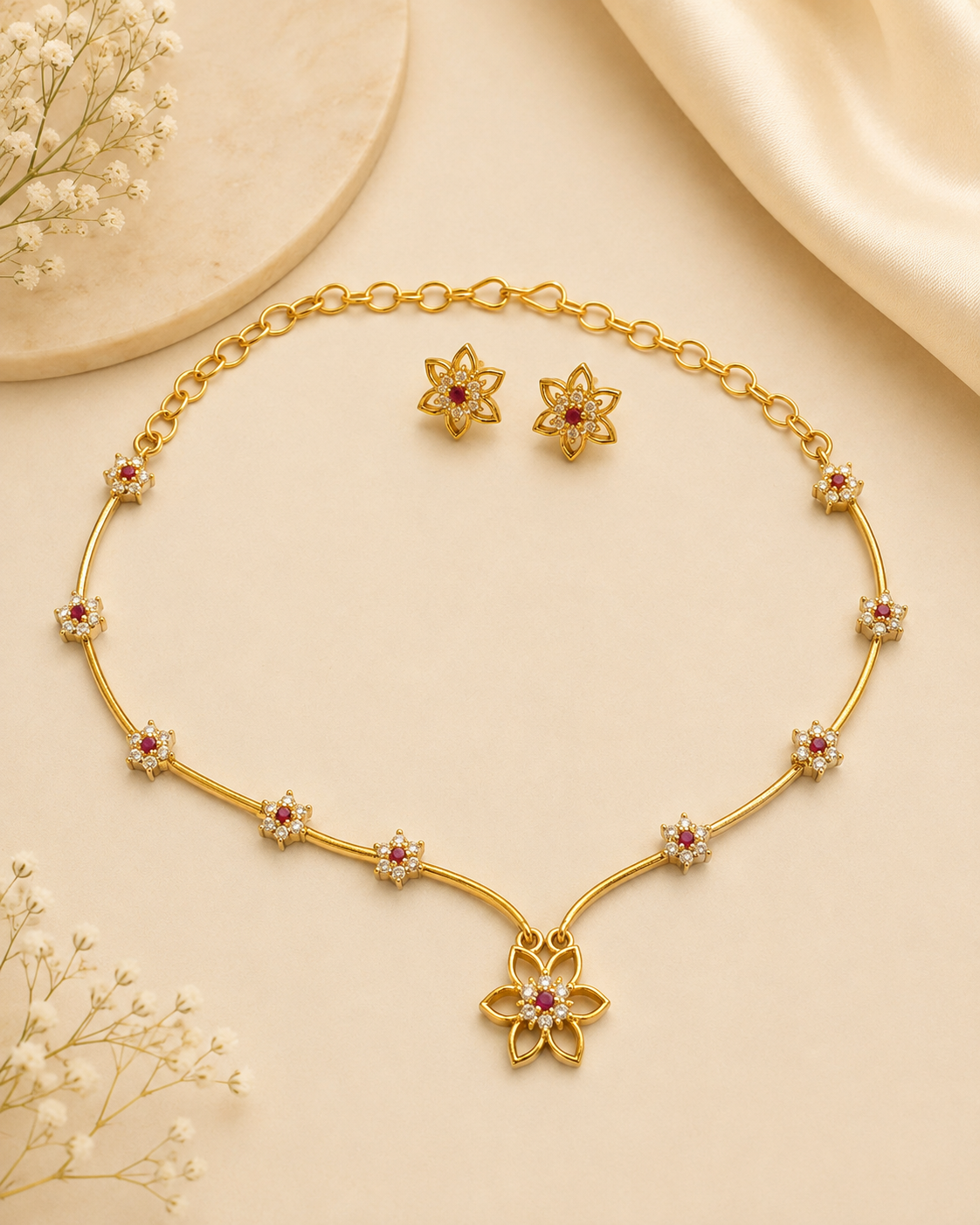 Gold White CZ Pave Open Lotus Flower Pendant Tube Bar Station Necklace Set | ONK65