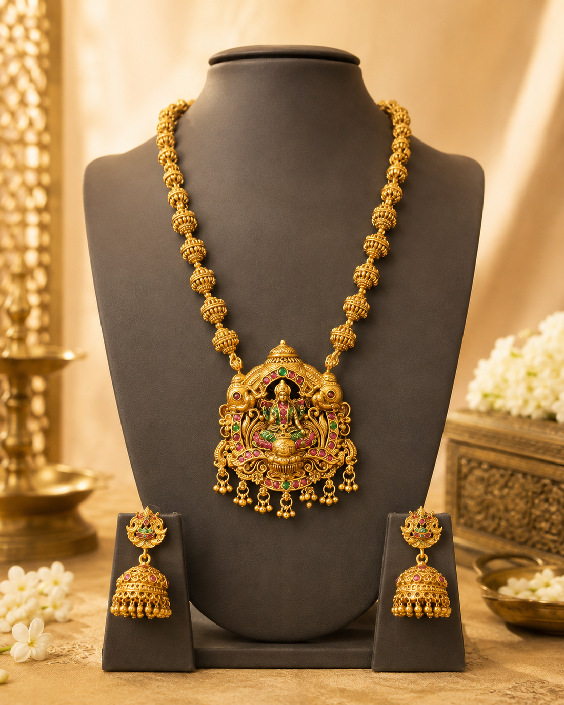 Antique Gold Goddess Pendant Granule Ball Long Haram Set - Pattern 2 | OL145