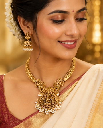 Antique Gold Navarasa Lakshmi Temple Torque Necklace Set with Pearls | OL158