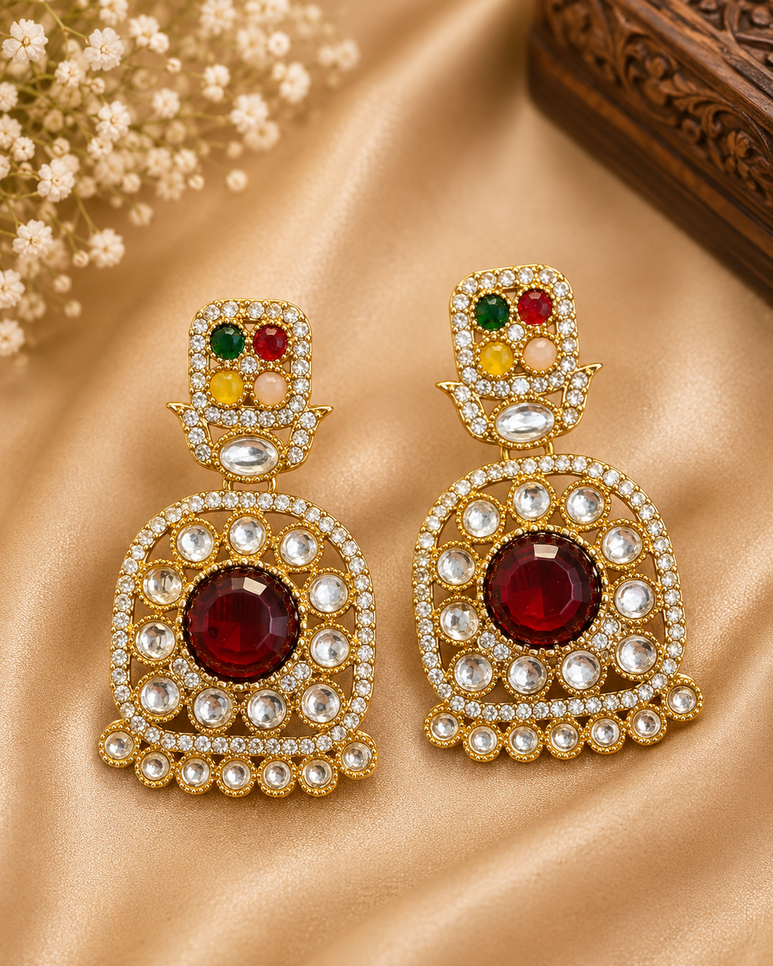 Gold Navratna Multicolour Stone Polki CZ Jhumka Earrings | OLT110