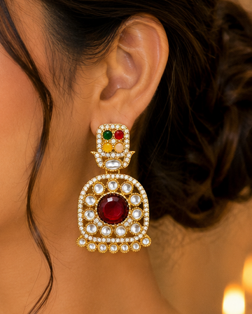 Gold Navratna Multicolour Stone Polki CZ Jhumka Earrings | OLT110