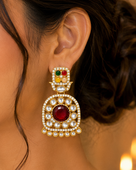 Gold Navratna Multicolour Stone Polki CZ Jhumka Earrings | OLT110