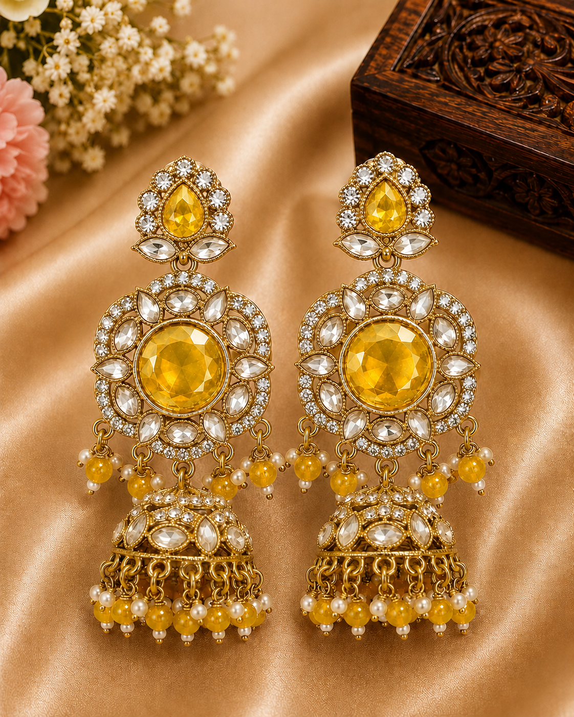 Gold Light Purple Wine Polki CZ Disc Jhumka Earrings with Pearl Drops | OLT105