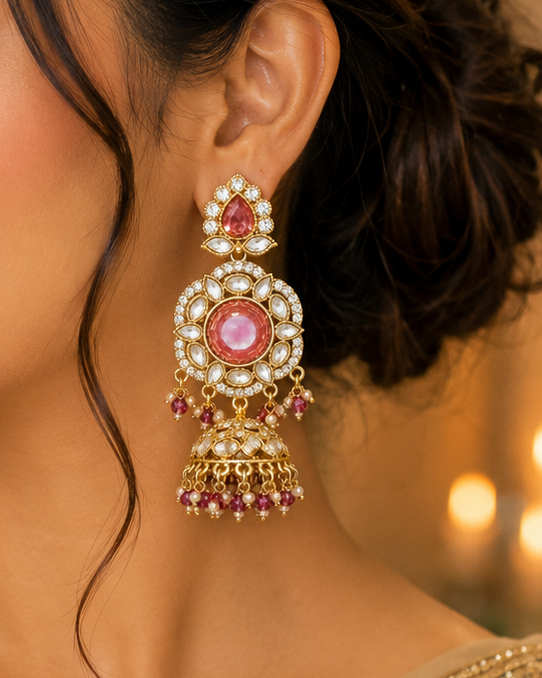 Gold Light Purple Wine Polki CZ Disc Jhumka Earrings with Pearl Drops | OLT105