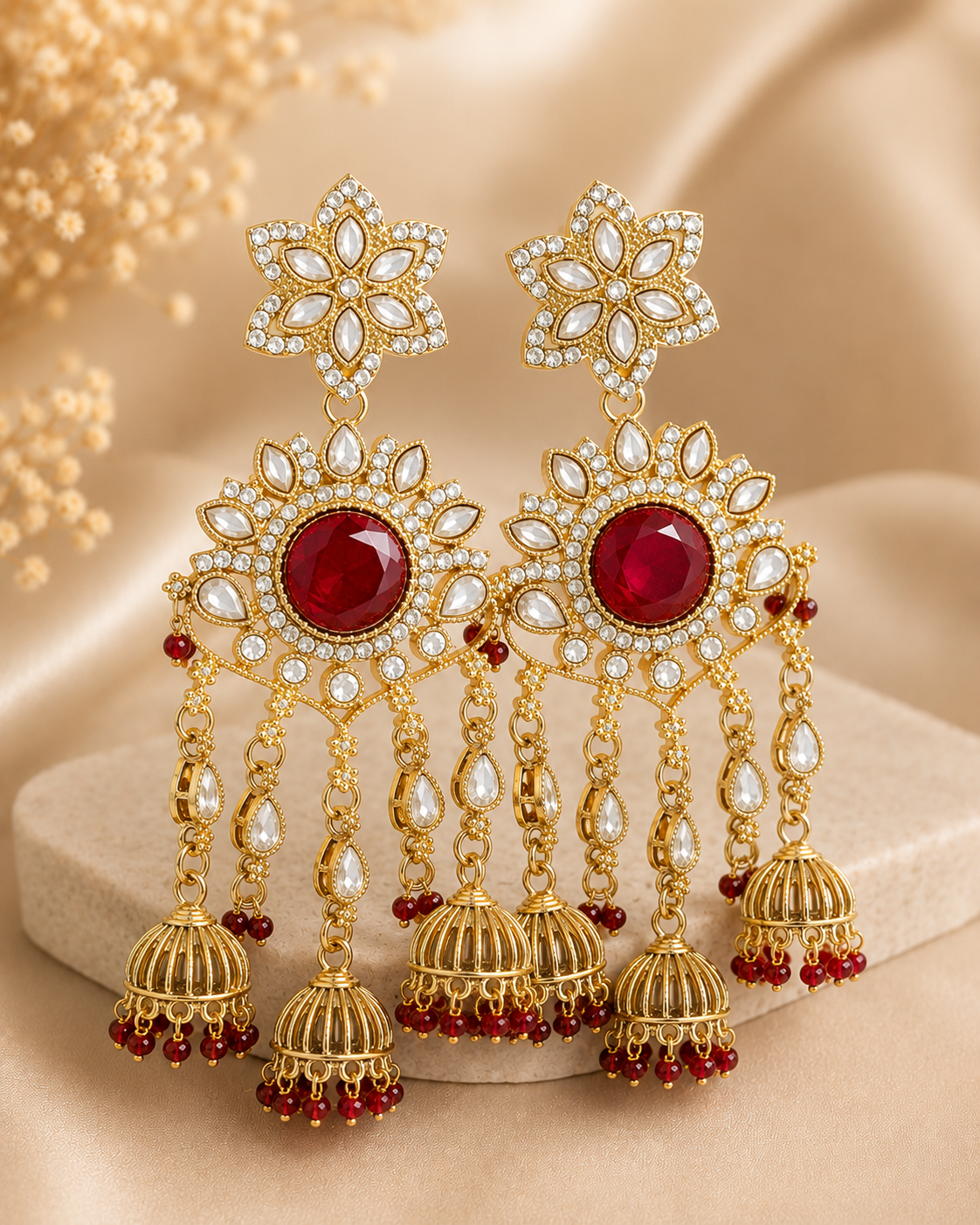 Gold Purple wine Polki CZ Floral Disc Triple Cage Jhumka Earrings | OLT103