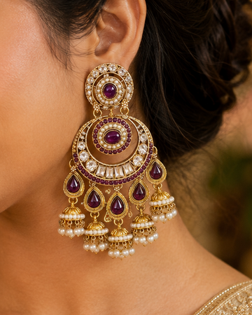 Gold Amethyst Purple Double Disc Chandbali Jhumka Earrings | OLT126