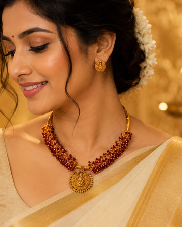 Antique Gold Lakshmi Pendant Ruby Bead Cluster Necklace Set | OL204