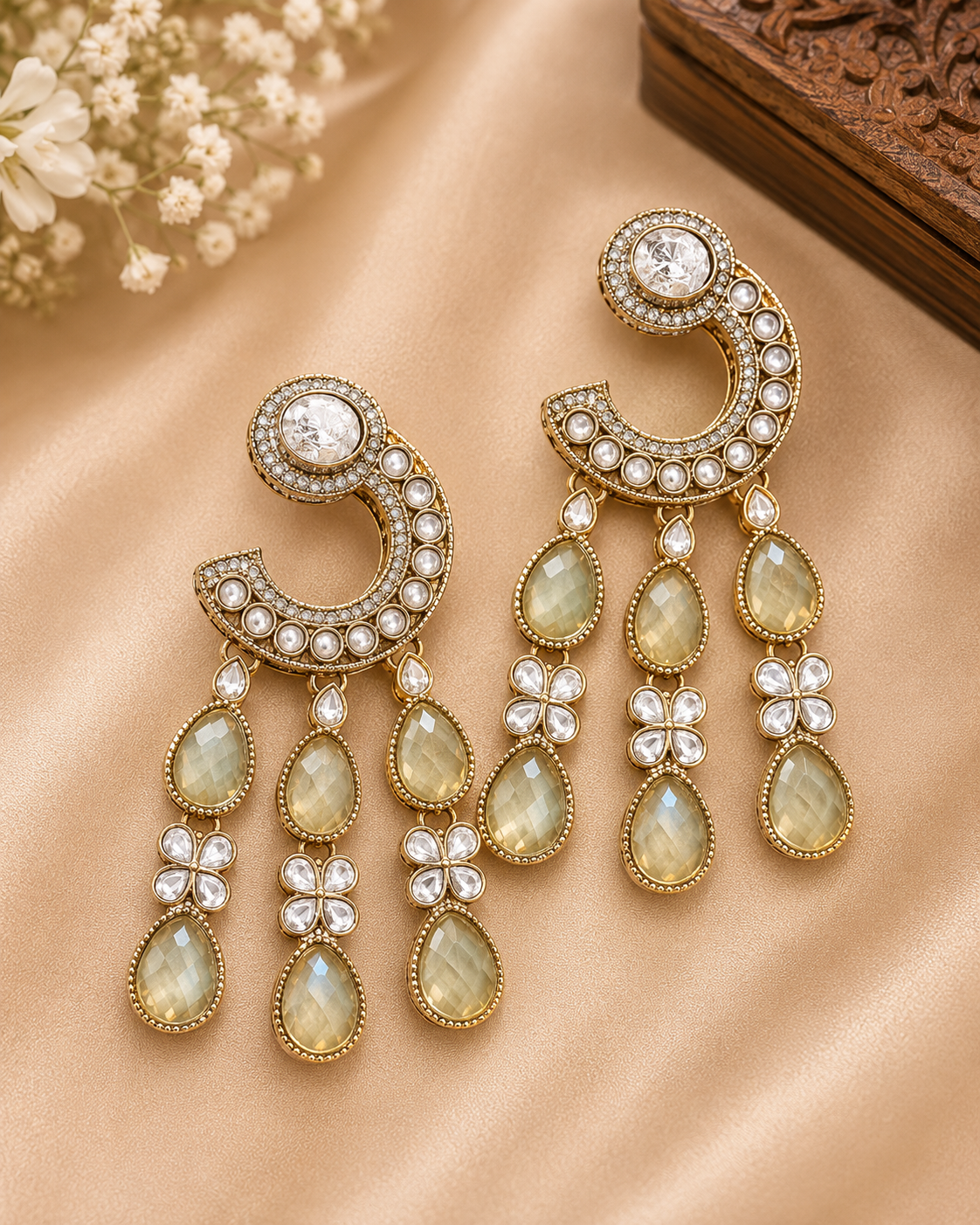 Gold Pastel Olive Green Moonstone Crescent Arch Tassel Earrings | OLT107