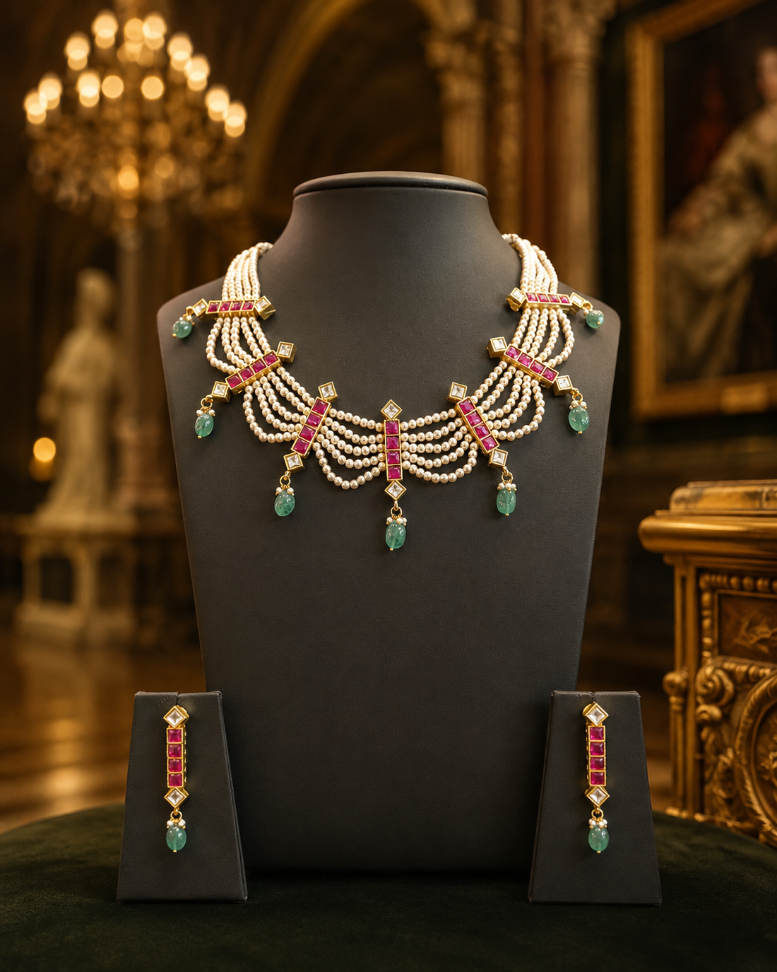 Multi-Strand Seed Pearl & Ruby Polki Draped Necklace Set | ONK242