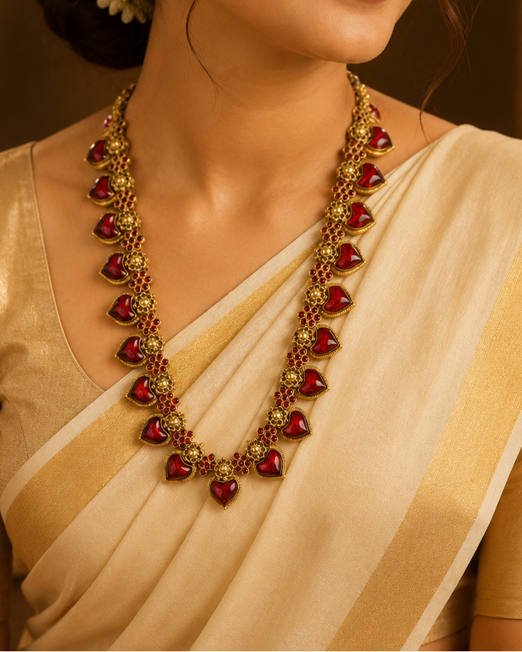 Antique Gold Red Kemp Mango Motif Long Haram Necklace Set | ONK251
