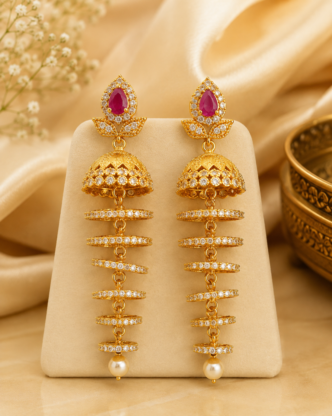 Gold CZ Ruby Teardrop Jhumka Earrings | LT467