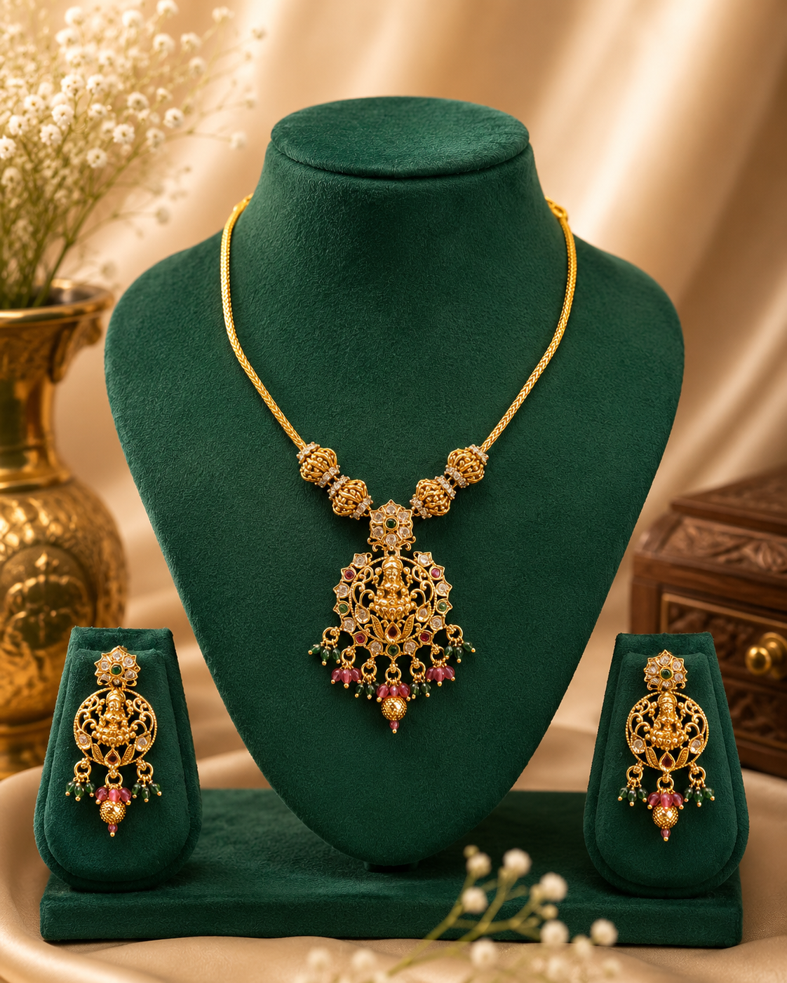 Antique Gold Goddess Lakshmi Polki Chain Necklace Set | OG13