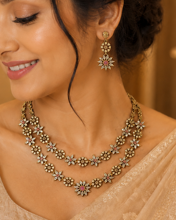 Antique Gold Pink Ruby Daisy Double Layer Necklace Set | ONK24