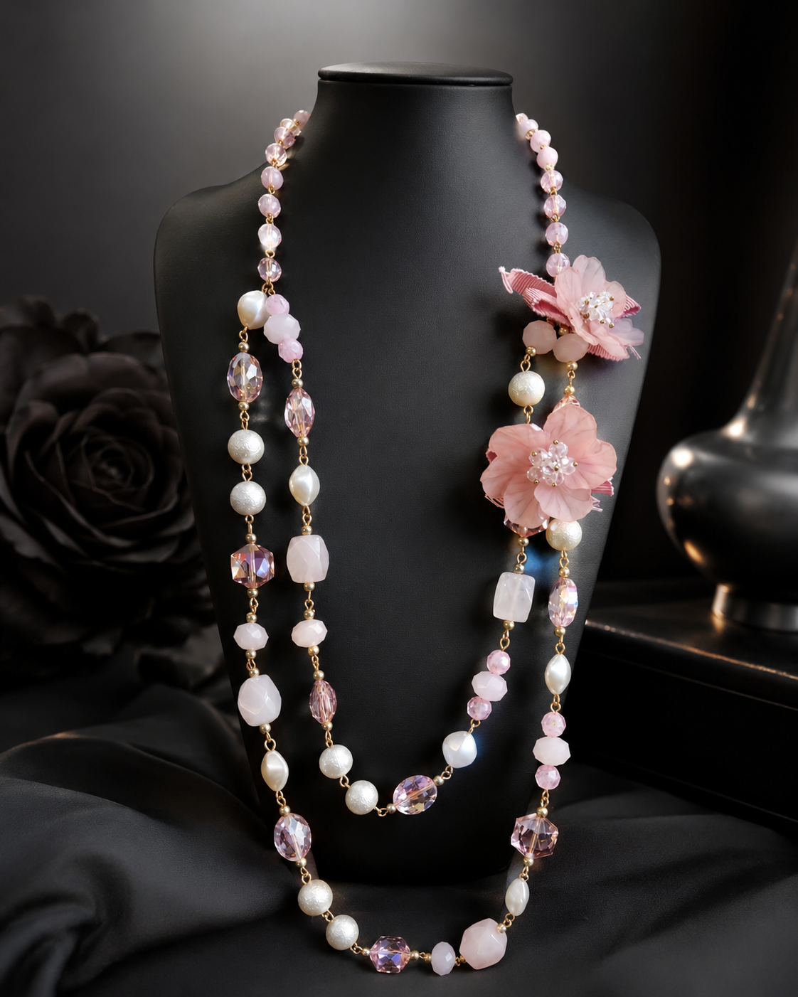 Double-Strand Pink Rose Quartz & Pearl Floral Necklace | T302602077