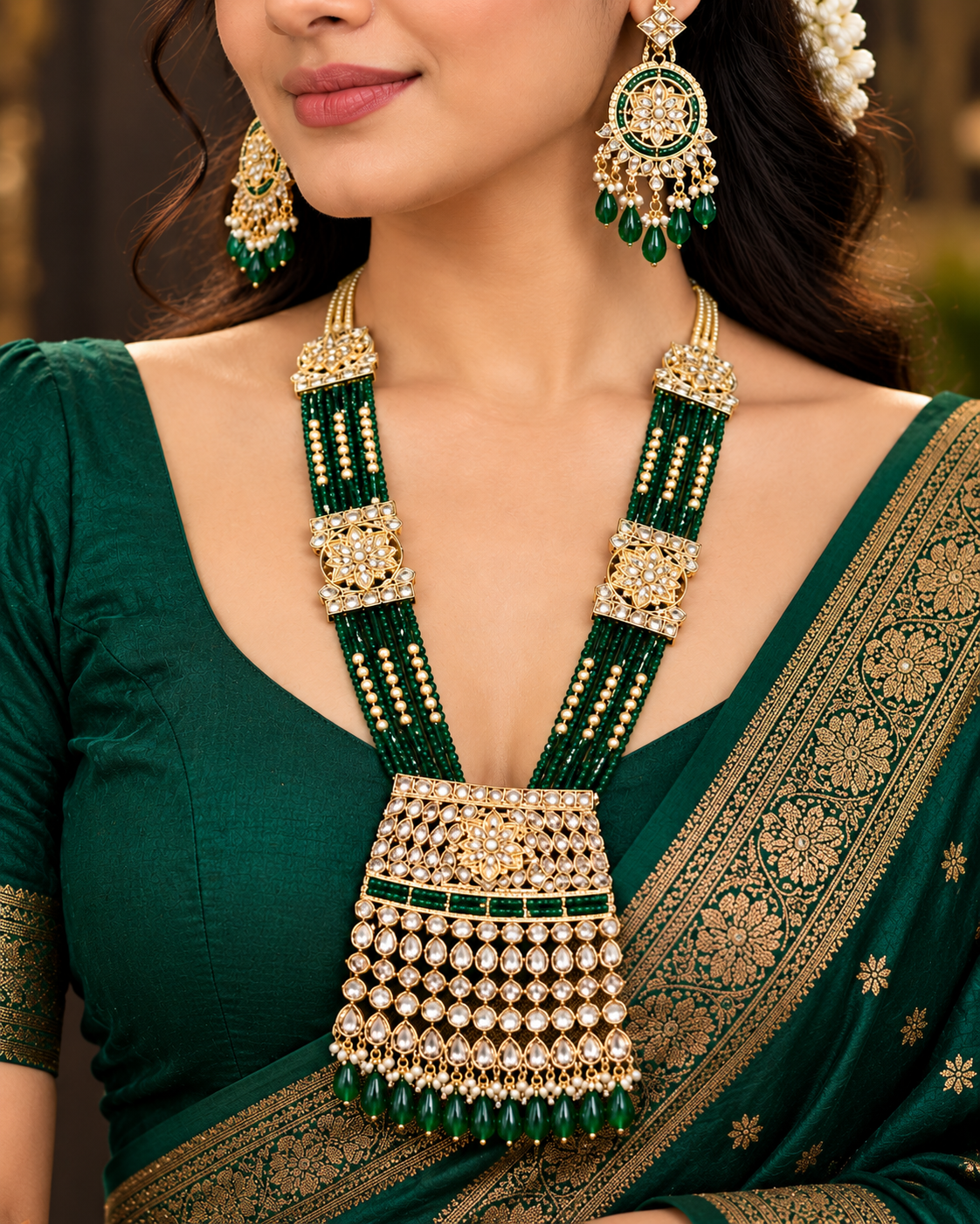 Traditional Bridal Jewellery Set with Green Beads, Floral Pendant and Matching Earrings | LA8695