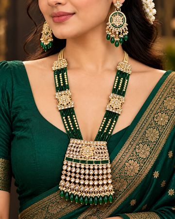 Traditional Bridal Jewellery Set with Green Beads, Floral Pendant and Matching Earrings | LA8695