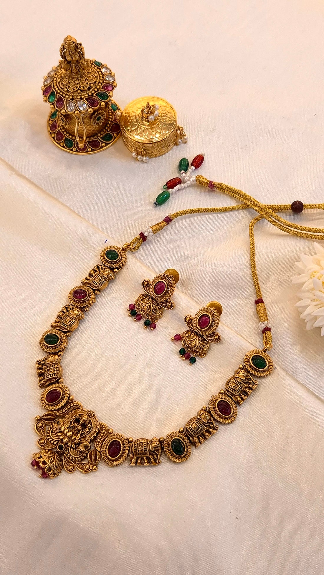 Antique Gold Temple Necklace with Elephant Motifs & Pearl Accents