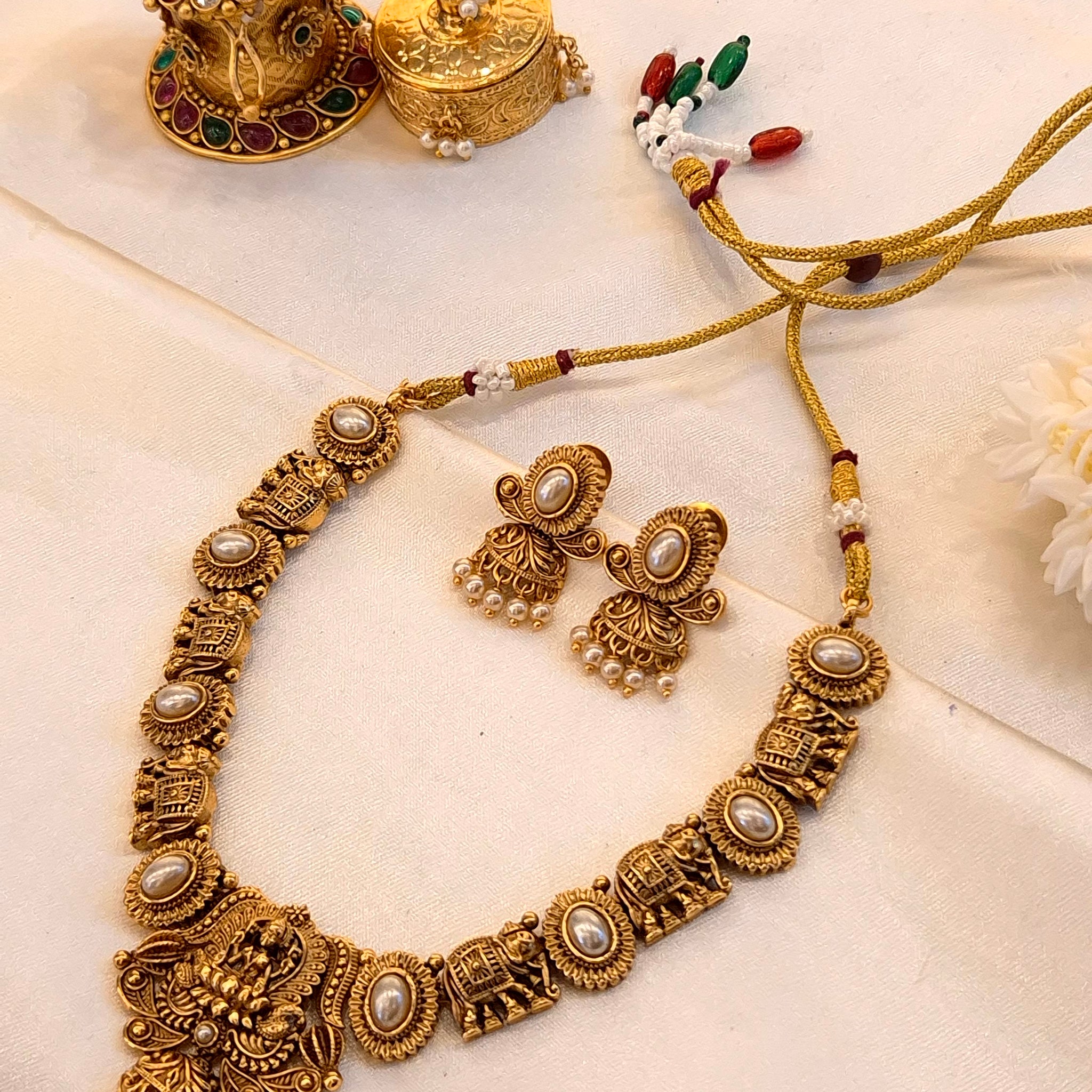 Antique Gold Temple Necklace with Elephant Motifs & Pearl Accents