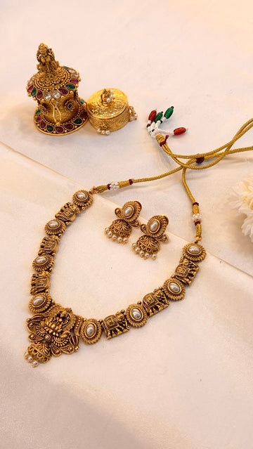 Antique Gold Temple Necklace with Elephant Motifs & Pearl Accents