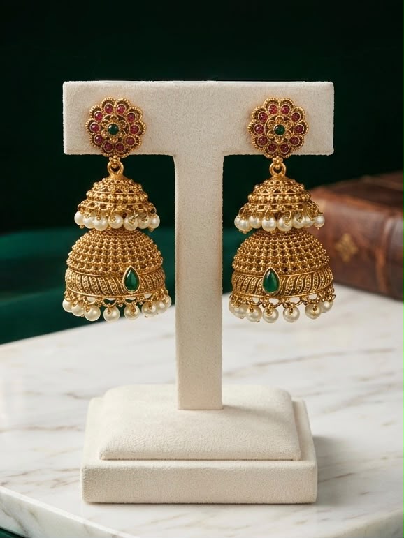 Antique Gold Double Tier Jhumka Earrings with Emerald & Pearl | LLB0170