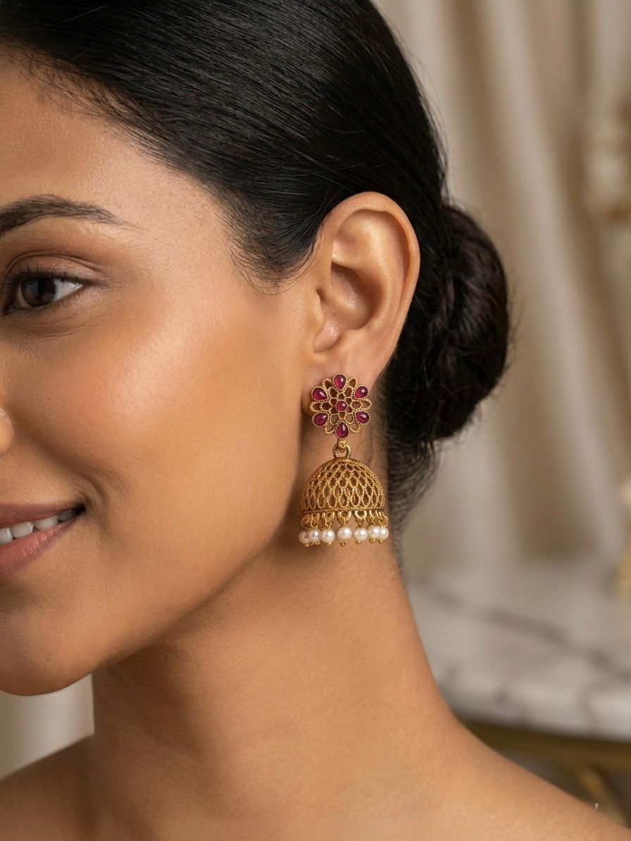 Ruby Kemp Jhumka Earrings with Pearl Drops | Antique Gold Temple Jewellery | llb0133