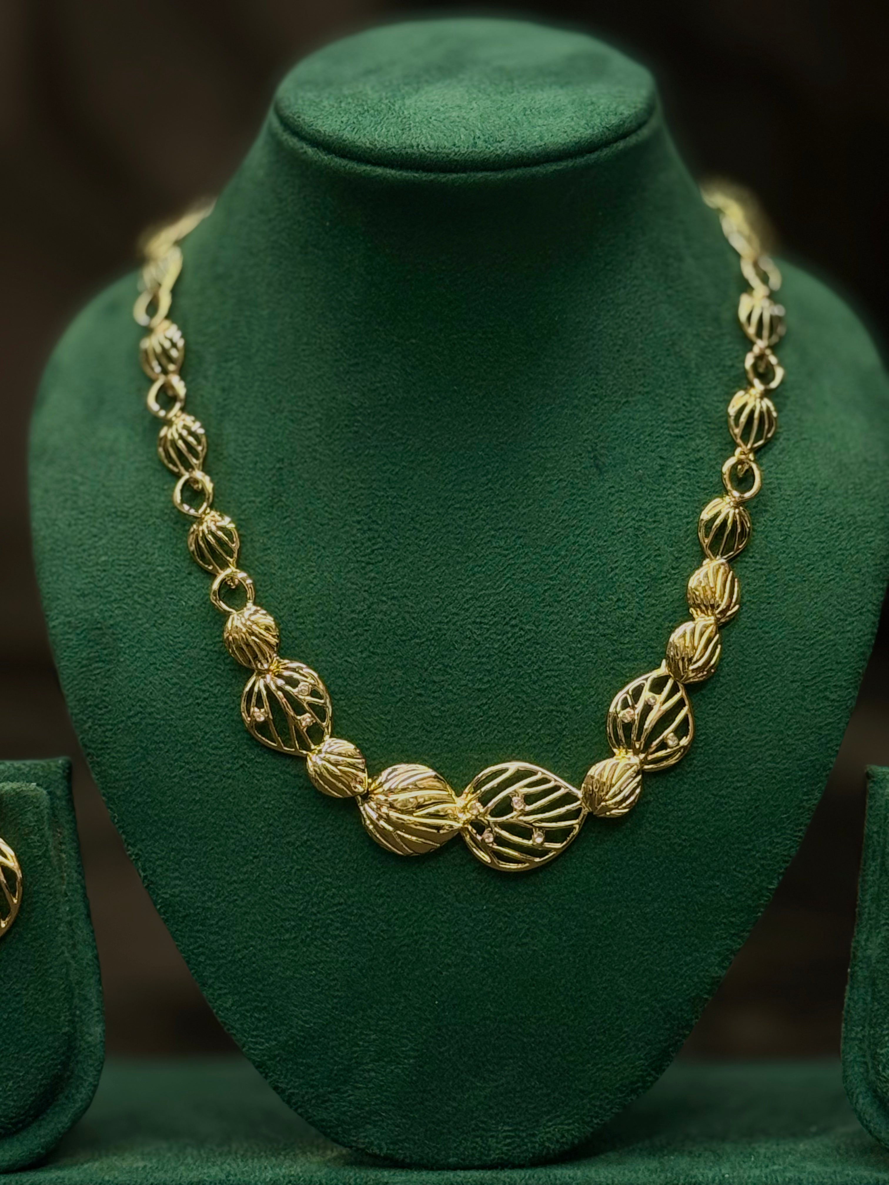 Gold Finish Necklace Set with Earrings - Elegant Leaf Design Jewellery | 2109275