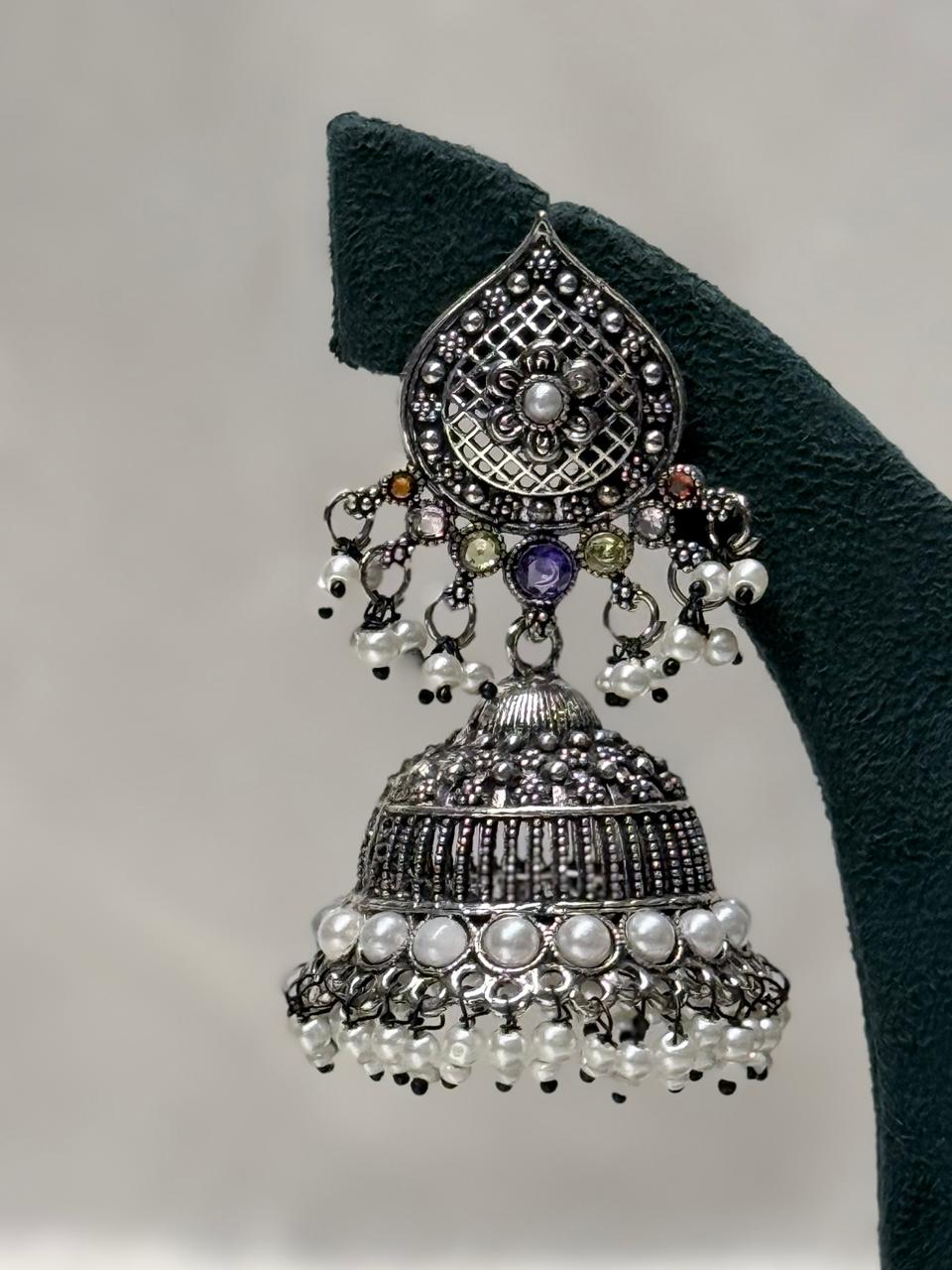 Oxidised Silver Jhumka Earrings with Pearls,llb601
