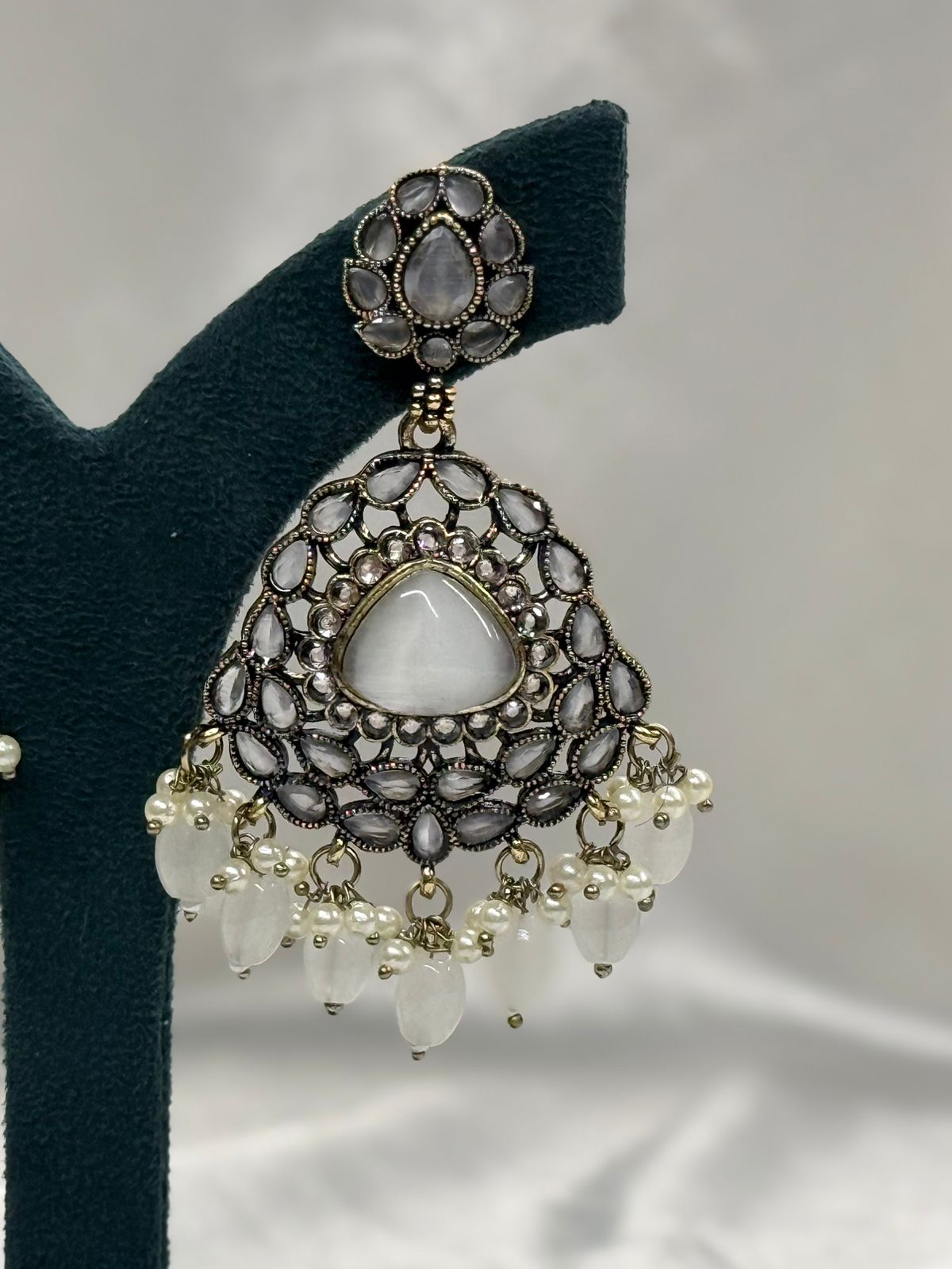 Grey Kundan Chandbali Earrings with Pearl Drops,llb626
