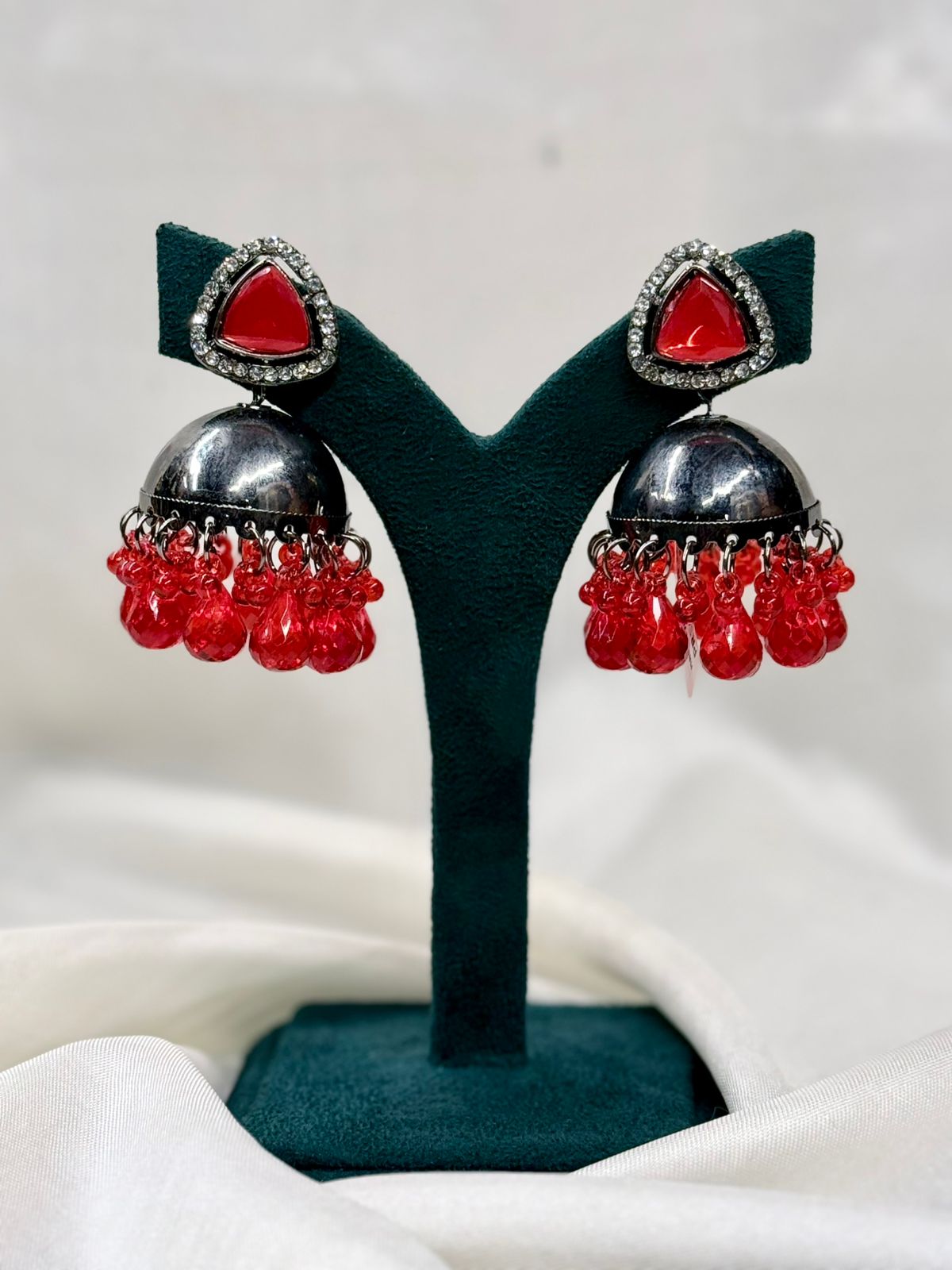 Oxidised Silver Red Stone Jhumka Earrings with Beads,llb4422