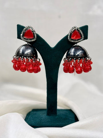 Oxidised Silver Red Stone Jhumka Earrings with Beads,llb4422