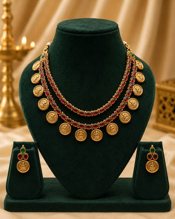 Antique Gold Lakshmi Kasu Coin Double Layer Ruby Kemp Necklace Set | OL 161