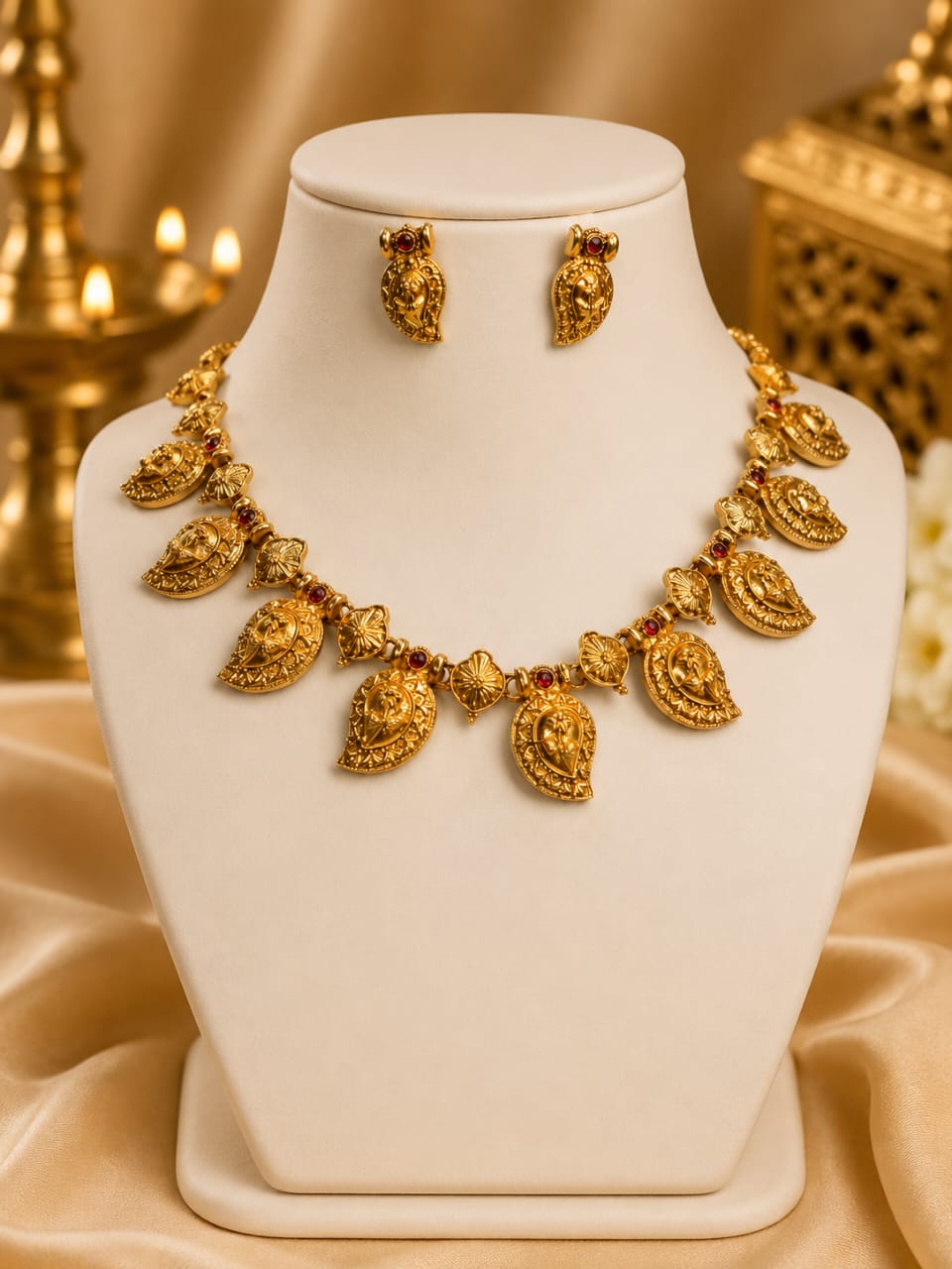 Antique Gold Nakshi Lakshmi Mango Leaf Fringe Necklace Set | OL 168