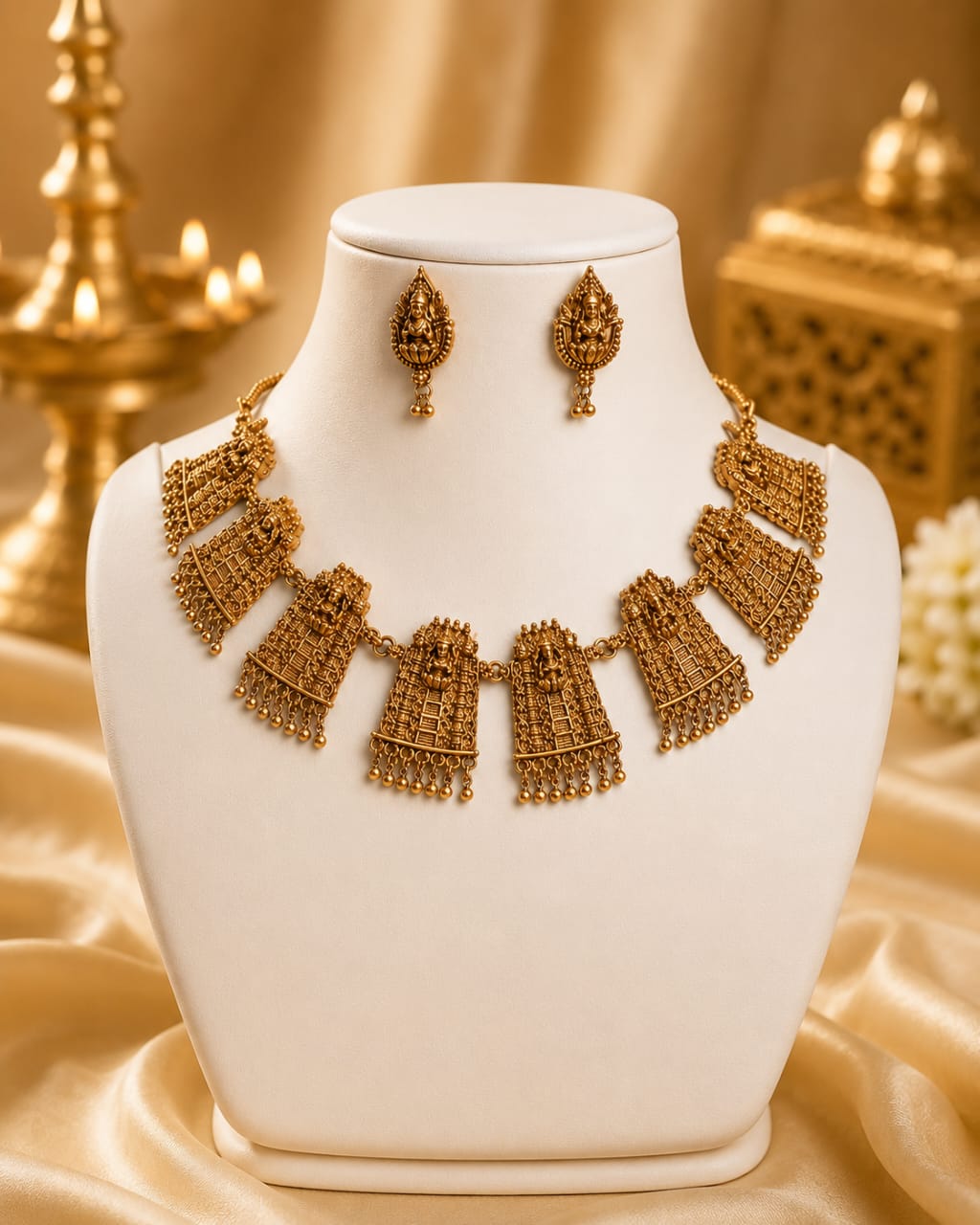 Antique Gold Nakshi Lakshmi Temple Arch Pendant Choker Set | OL175