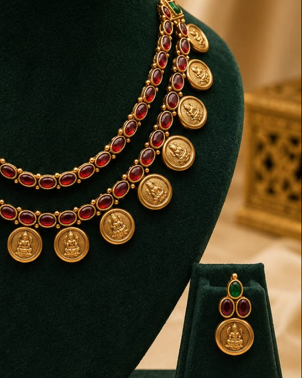 Antique Gold Lakshmi Kasu Coin Double Layer Ruby Kemp Necklace Set | OL 161