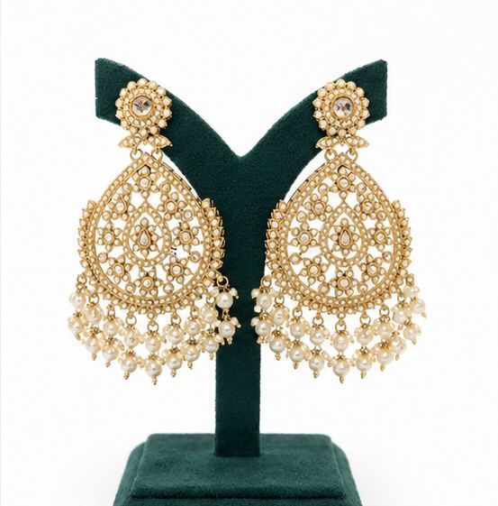 Gold Polki Chandbali Earrings with Pearl Drops | llb998