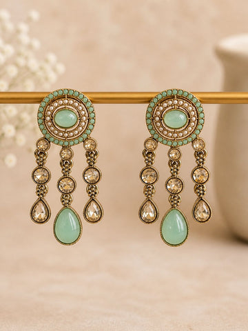 Mint Green Stone Tassel Earrings | Antique Gold CZ & Pearl Drop /LLB010