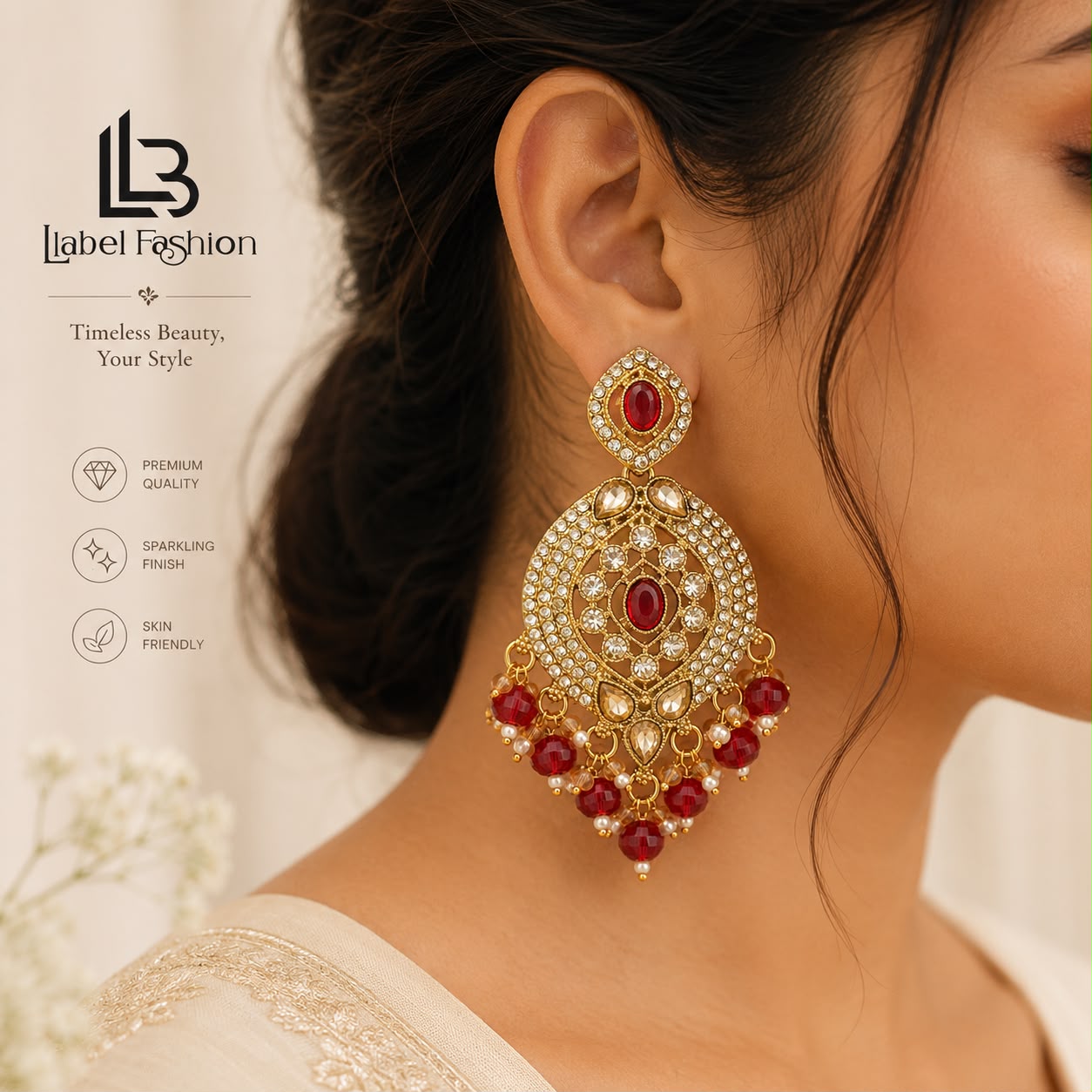 Red Kundan Chandbali Earrings | llb0145
