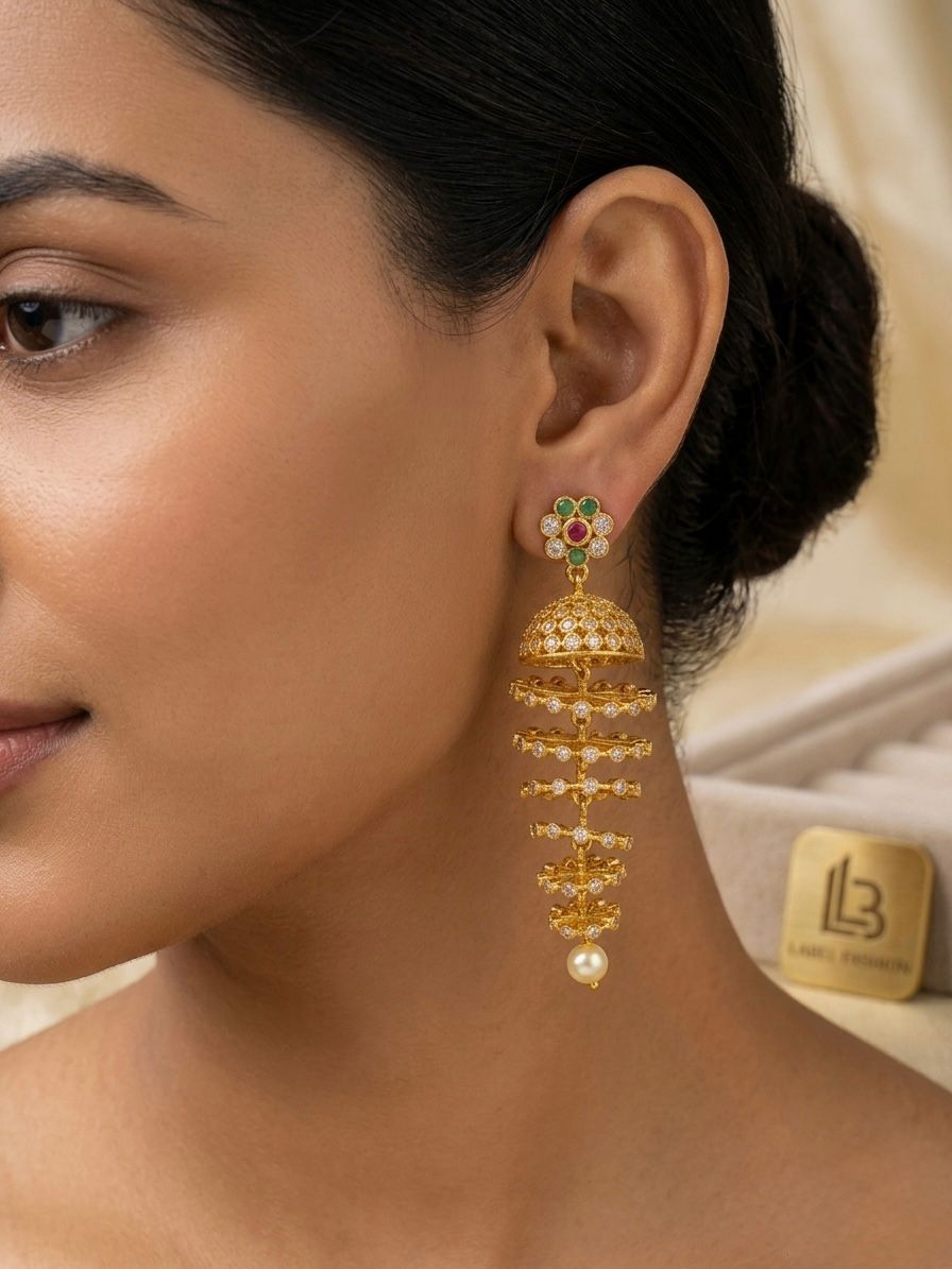 Gold CZ Layered Jhumka Earrings with Ruby, Emerald & Pearl Drop | llb0131