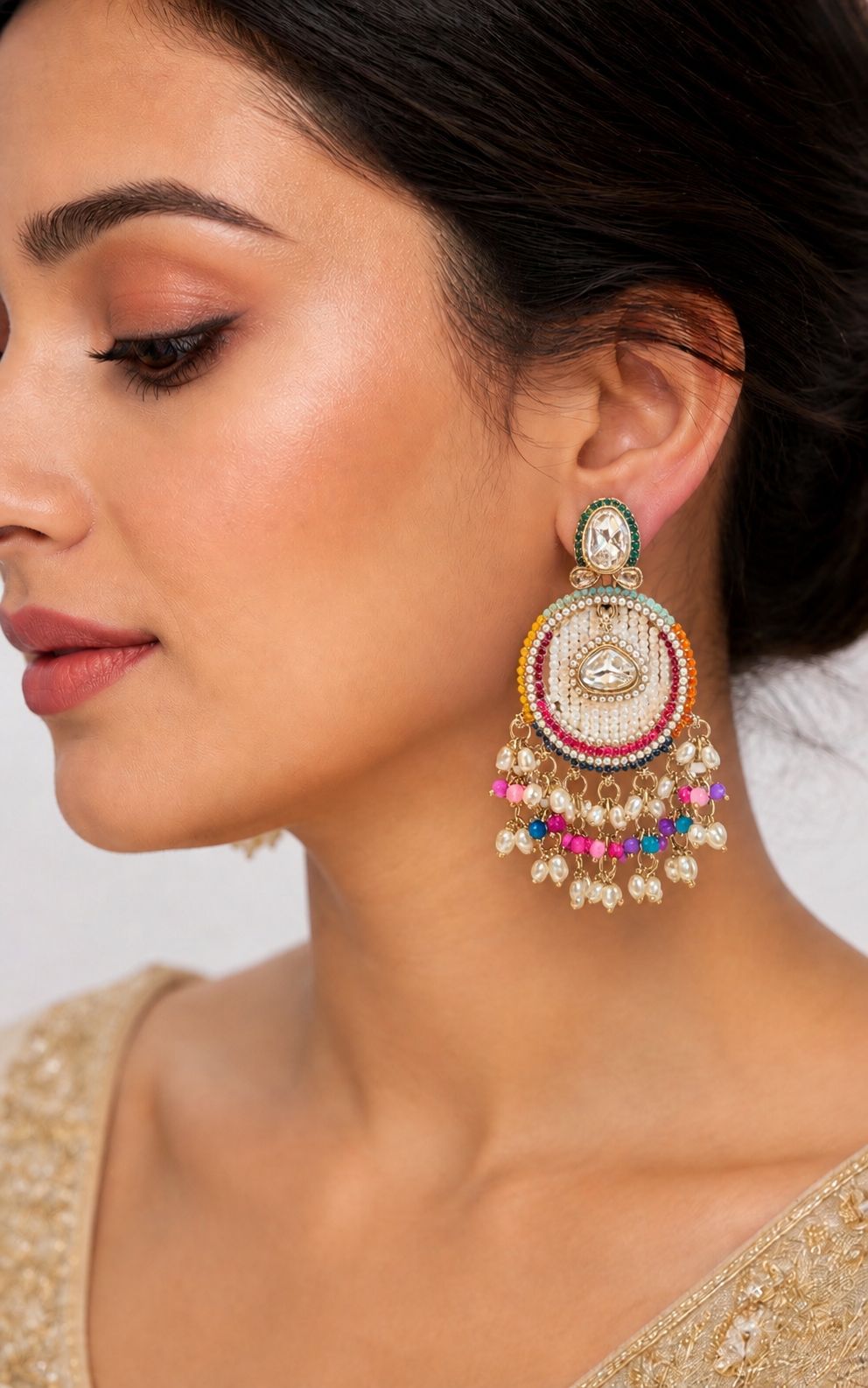 Multicolour Kundan Chandbali Earrings with Pearl Drops | llb997