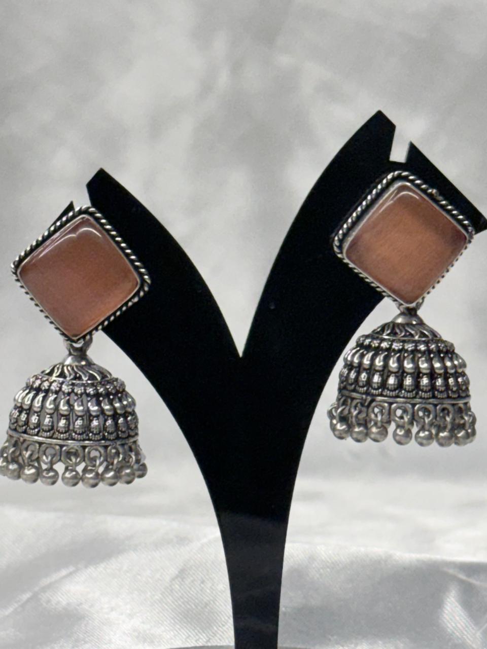 Orange Stone Silver Oxidised Jhumka Earrings,llb582