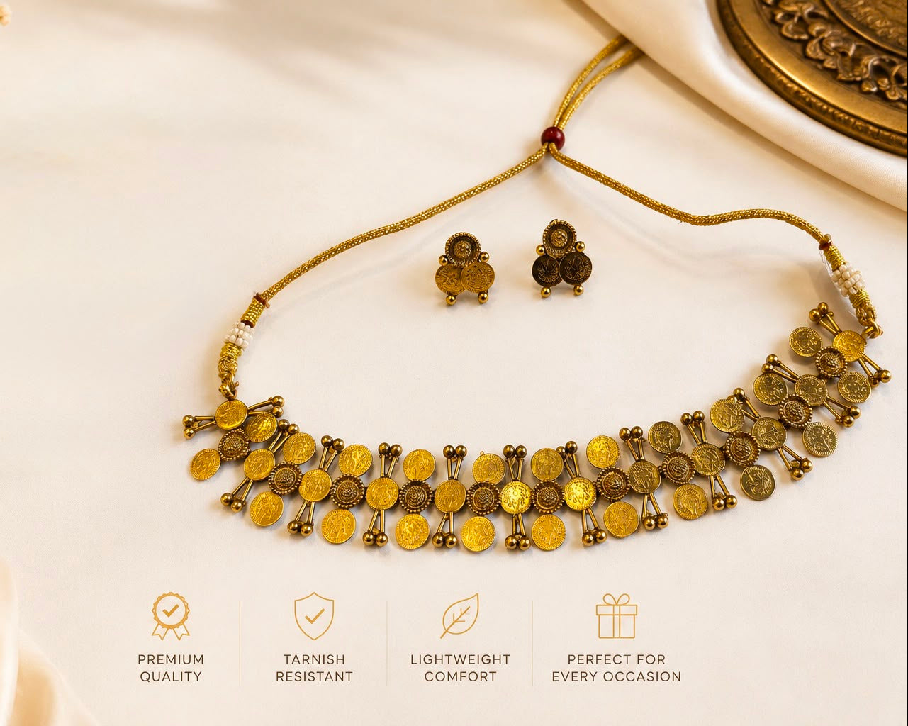 Antique Gold Lakshmi Coin Necklace with Matching Earrings | OL156