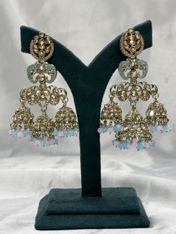Gold Finish Kundan Jhumka Earrings with Pastel Bead Hangings,llb556
