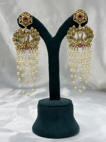 Antique Gold Peacock Design Earrings with Pearl Drops,llb560
