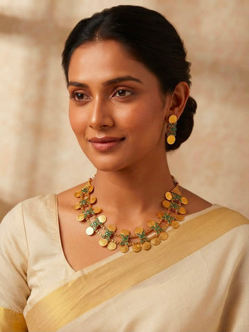 Antique Gold Emerald Green Coin & Flower Choker Necklace Set with Earrings | OL80