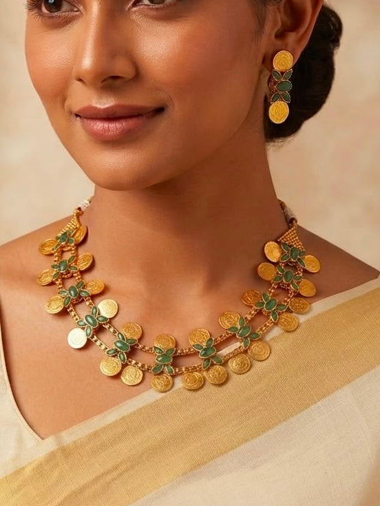 Antique Gold Emerald Green Coin & Flower Choker Necklace Set with Earrings | OL80