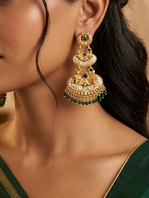 Antique Gold Chandbali Earrings with Green Beads & | llb102
