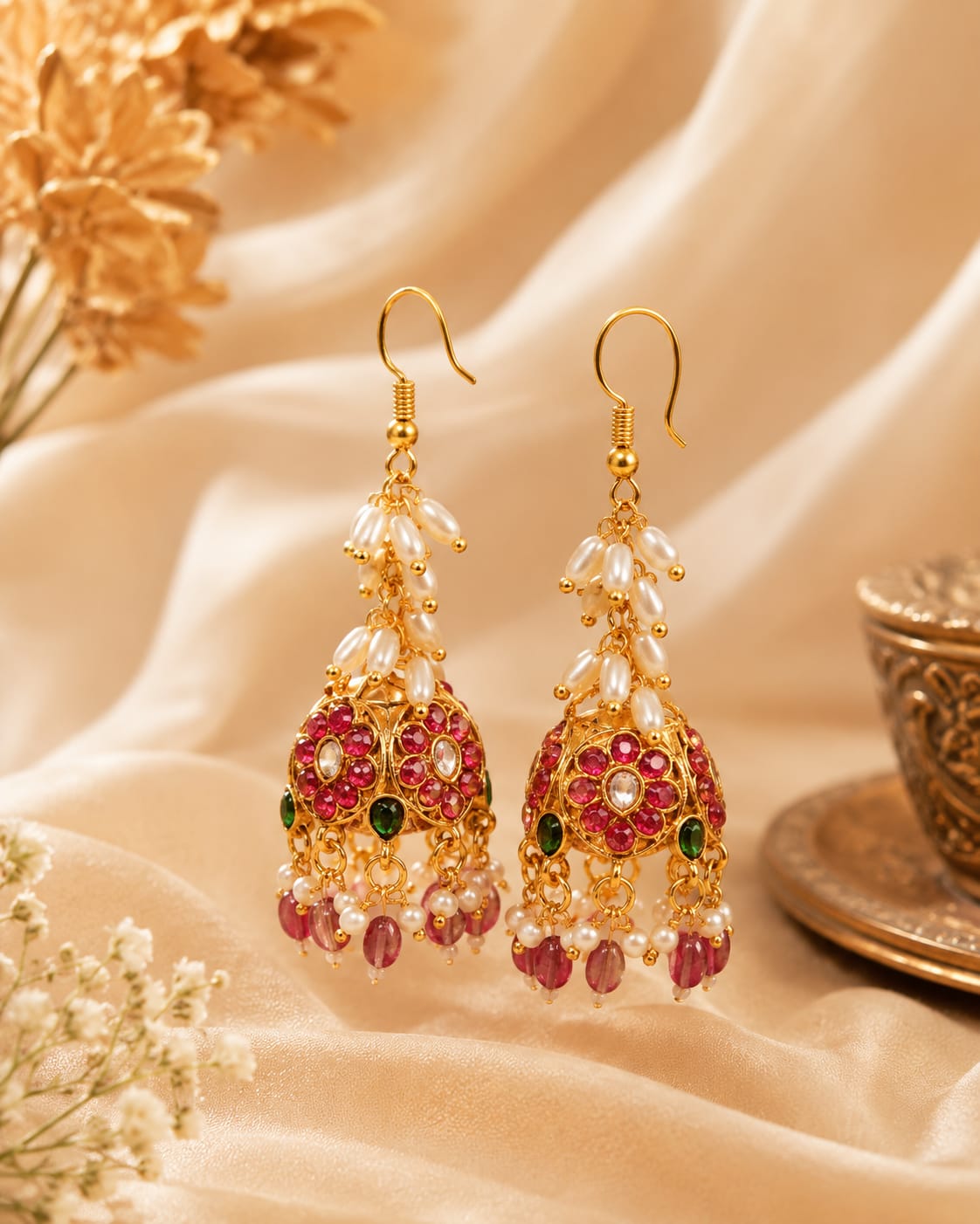 Gold Kundan Jhumka Hook Earrings with Ruby & Emerald Drops | OL221