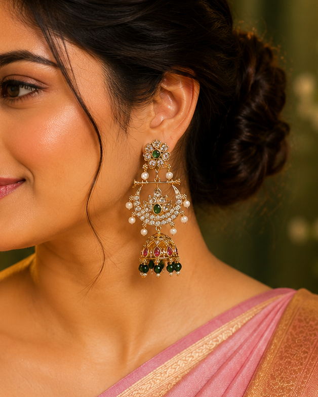 Gold Polki Chandbali Jhumka Earrings with Pearl & Emerald | OL218