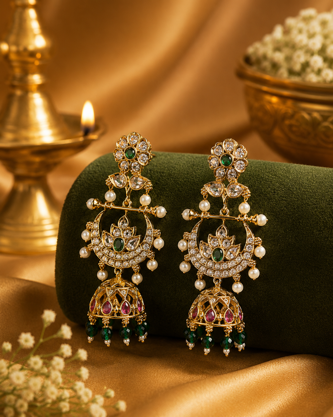 Gold Polki Chandbali Jhumka Earrings with Pearl & Emerald | OL218