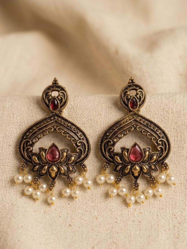 Antique Gold Lotus Chandbali Earrings with Ruby Stone & Pearl Drops | llb042